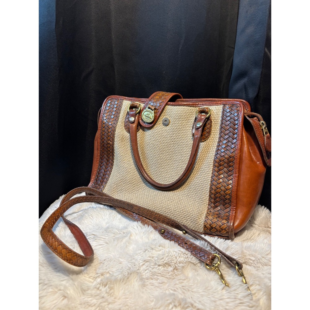 Vintage Brahmin Straw Leather Tote Bag Cognac Woven Trim Nautical Medallion